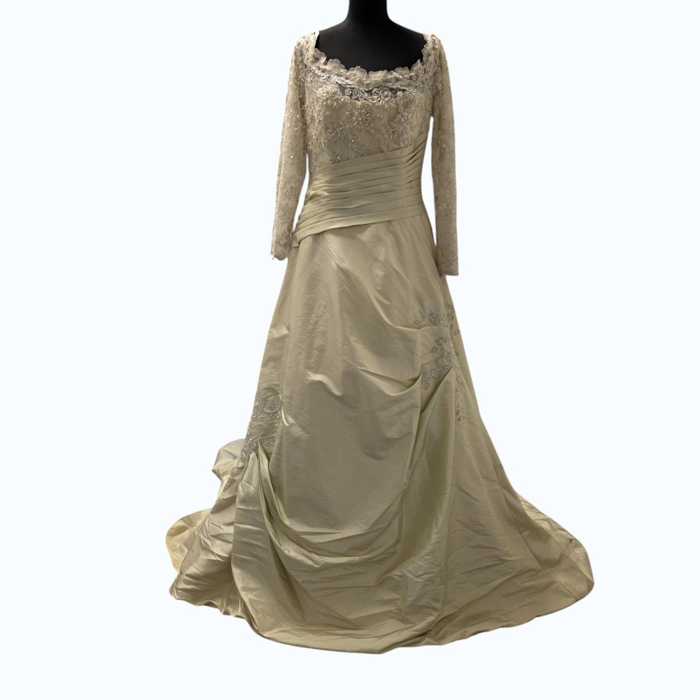 Demetrios Sage Green Wedding Dress Beaded Lace Long Sleeve Bridal Gown 14